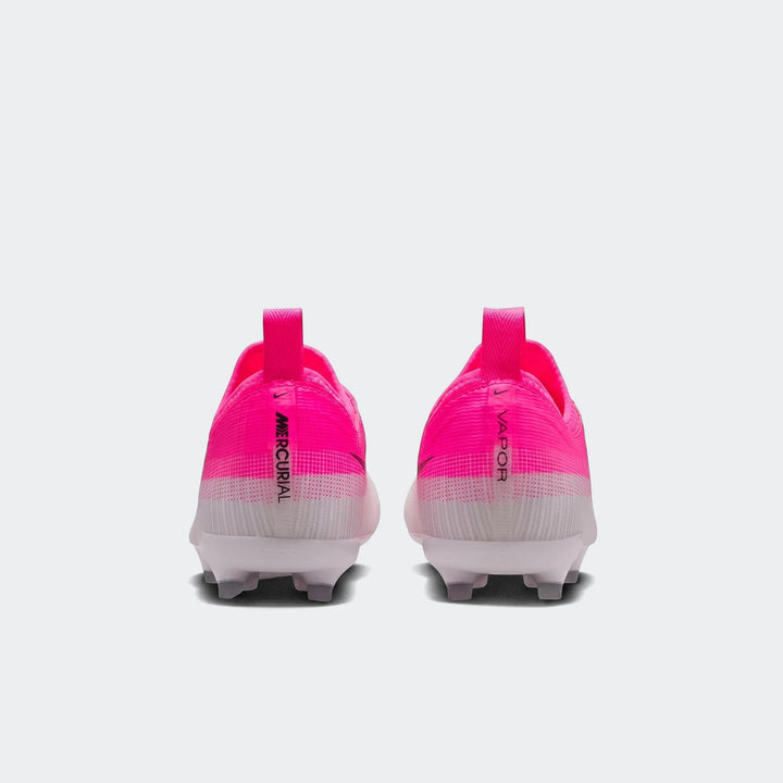 Rear view of Nike Jr. Mercurial Vapor 17 Academy Big Kids' Multi-Ground Low-Top Soccer Cleats in pink and white.