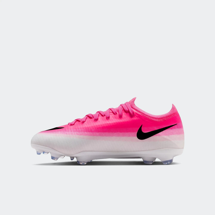 Pink and white Nike Jr. Mercurial Vapor 17 Pro Big Kids' firm-ground soccer cleat with black swoosh, side view.