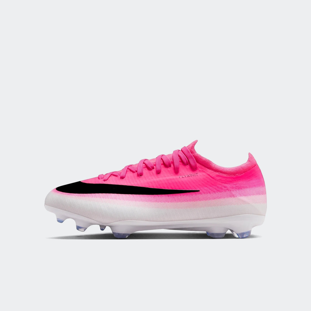Nike Jr. Mercurial Vapor 17 Pro Big Kids' firm-ground low-top soccer cleats in pink and white with a black swoosh.