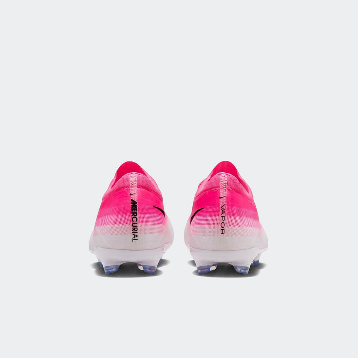 Nike Jr. Mercurial Vapor 17 Pro Big Kids' firm-ground low-top soccer cleats in pink and white, shown from the rear view.