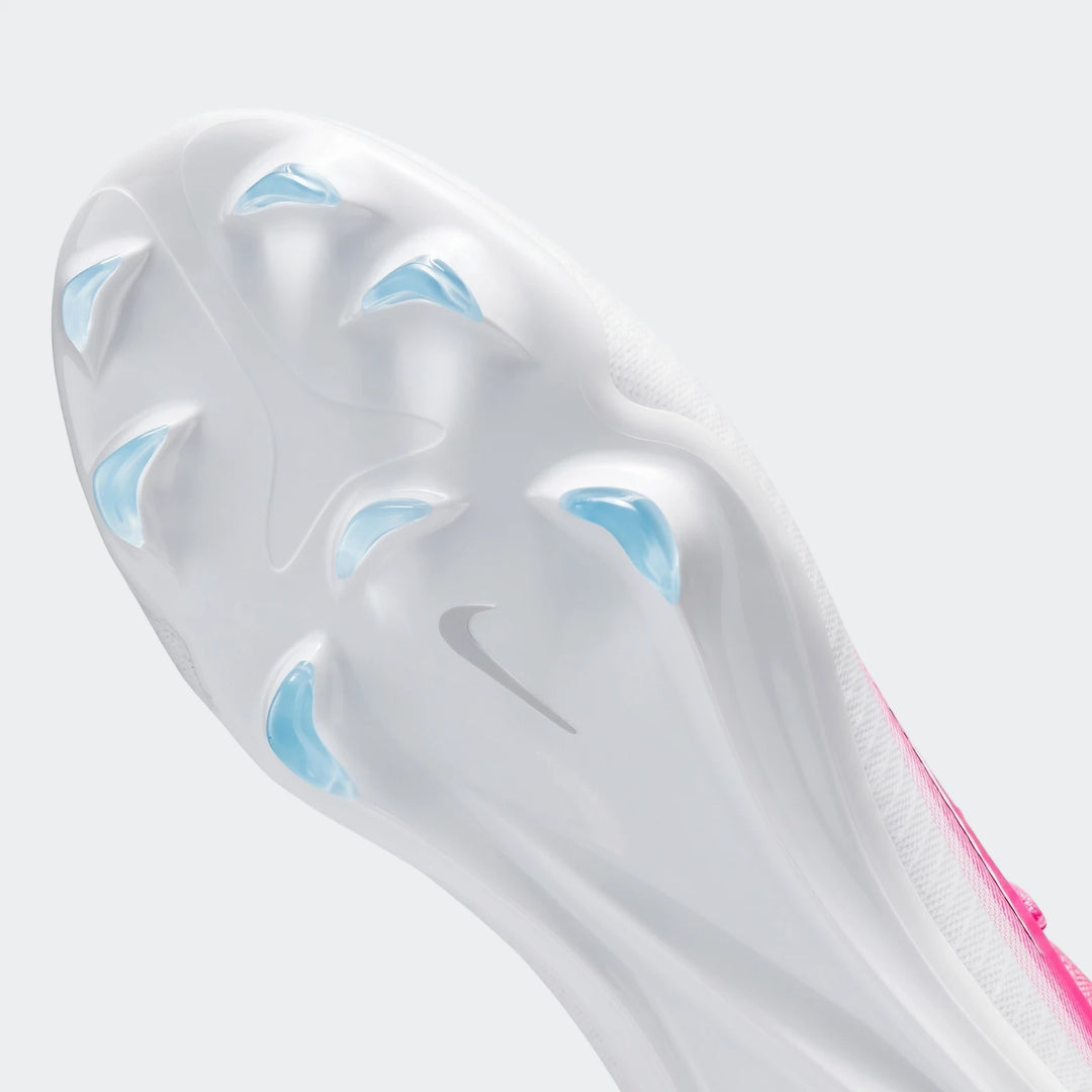 Nike Jr. Mercurial Vapor 17 Pro Big Kids' firm-ground low-top soccer cleats in white and pink, showing the sole with blue