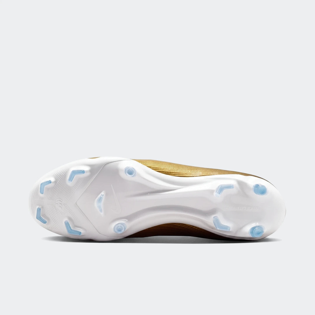 Golden Nike Mercurial Superfly 11 Academy Multi-Ground High-Top Soccer Cleat with white sole plate and light blue studs,