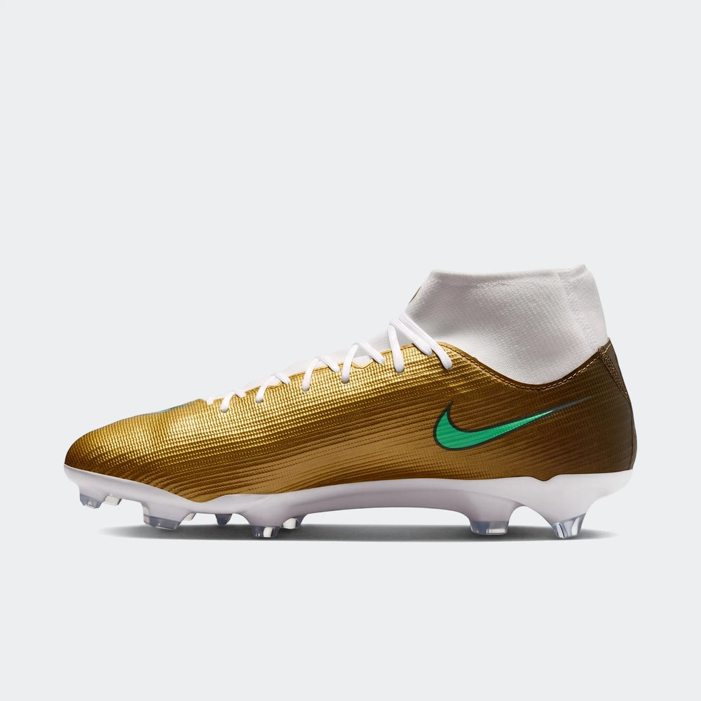 Gold Nike Mercurial Superfly 11 Academy Kylian Mbappé multi-ground high-top soccer cleats with a green swoosh, side view.