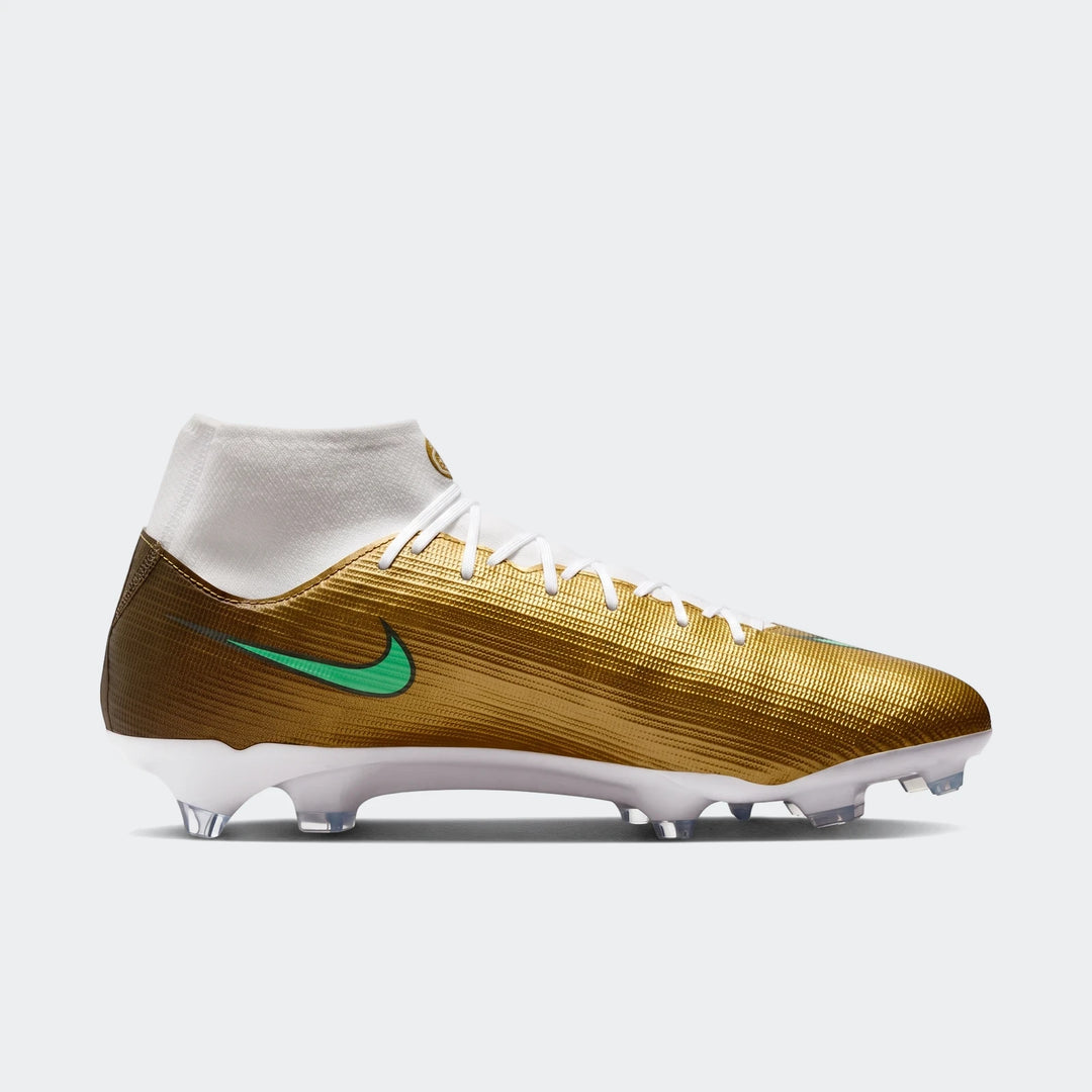 Nike Mercurial Superfly 11 Academy Kylian Mbappé multi-ground high-top soccer cleats in gold and white with a green swoosh.