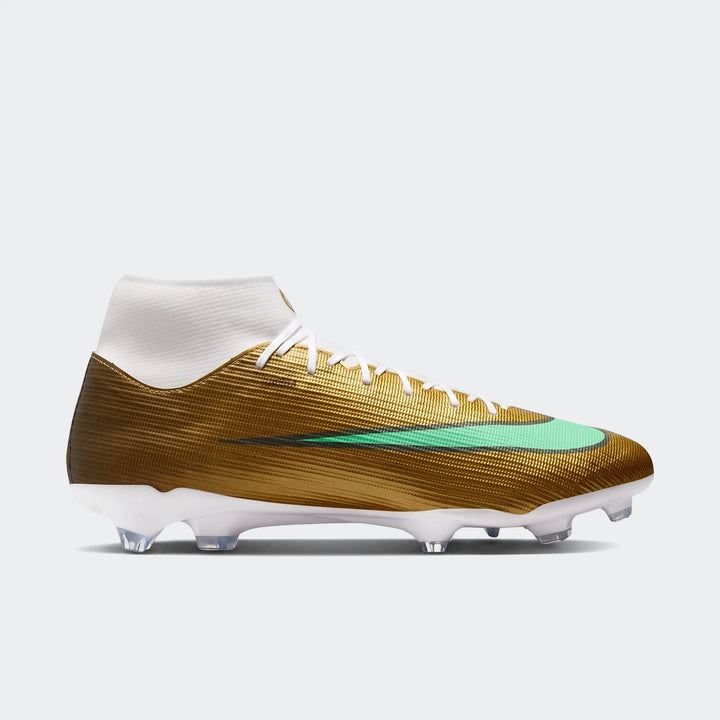 Nike Mercurial Superfly 11 Academy Kylian Mbappé multi-ground high-top soccer cleats in metallic gold, white, and mint
