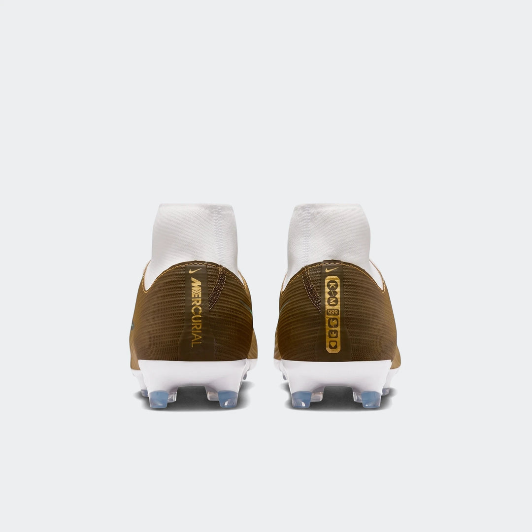 Rear view of two Nike Mercurial Superfly 11 Academy Kylian Mbappé multi-ground high-top soccer cleats in olive green and