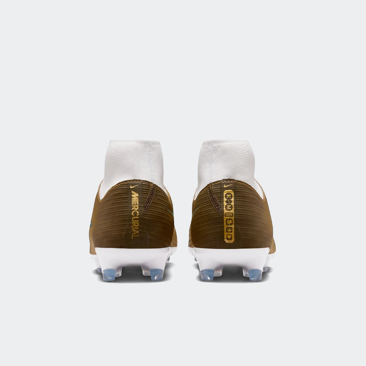 Rear view of two Nike Mercurial Superfly 11 Academy Kylian Mbappé multi-ground high-top soccer cleats in olive green and