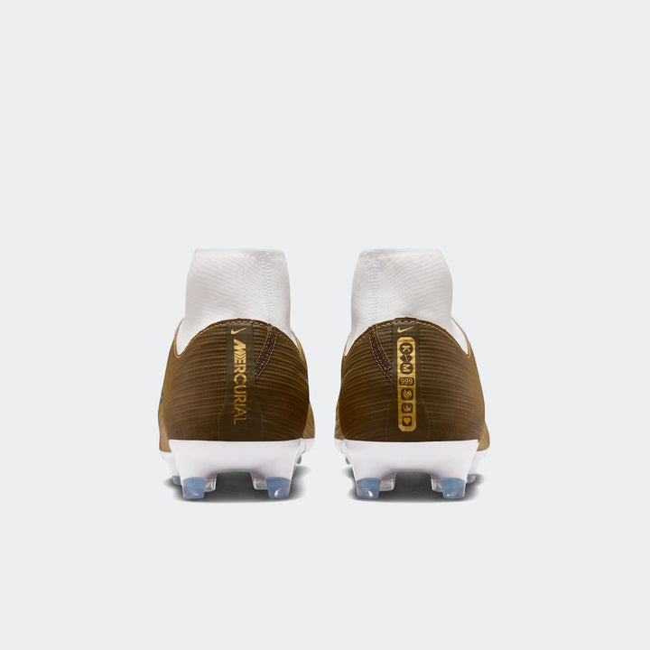 Rear view of two Nike Mercurial Superfly 11 Academy Kylian Mbappé multi-ground high-top soccer cleats in olive green and