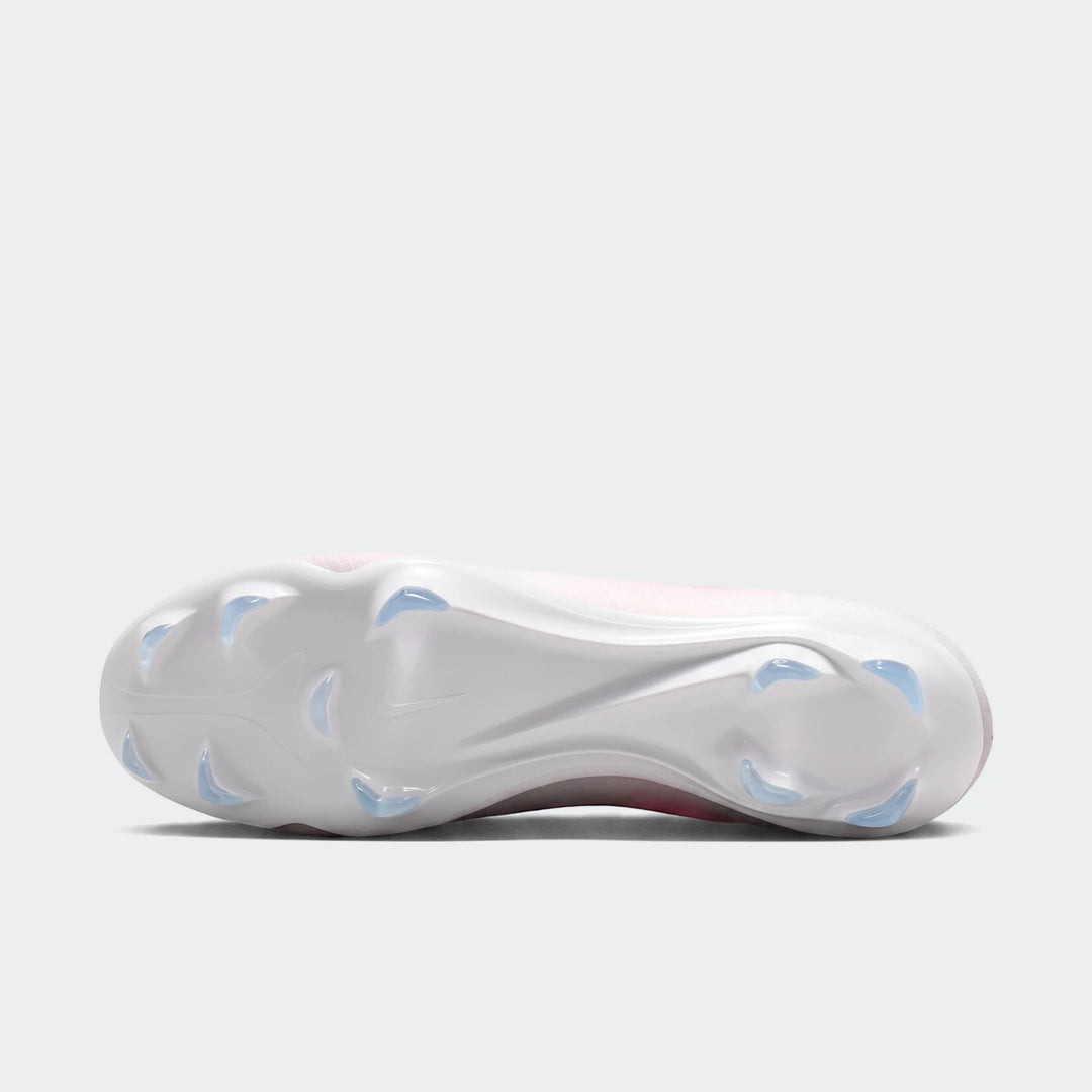 Nike Mercurial Vapor 17 Pro Firm-Ground soccer cleats, white with pink accents and light blue studs, displayed from the sole