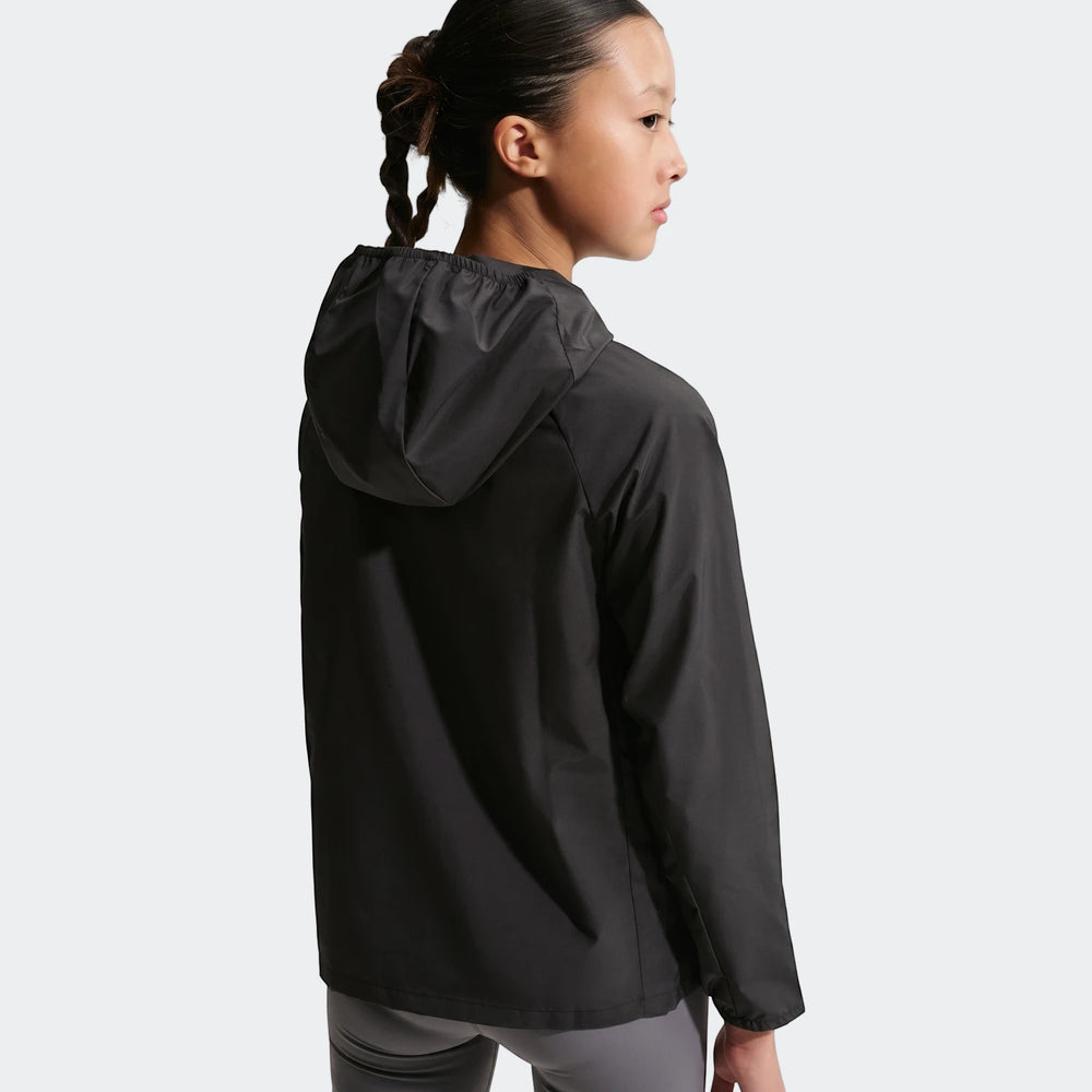 Black Nike Miler Jacket with a hood, shown on a young person in profile from the back-right, suitable for activewear.