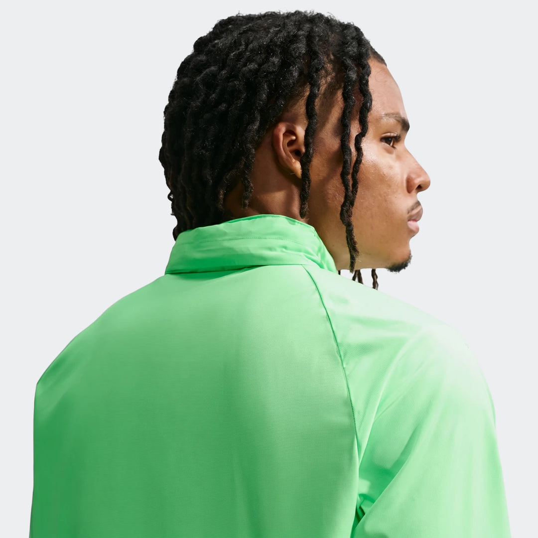 Nike Miler Men's Repel UV Protection Running Jacket in vibrant green, shown from a back and right profile view.