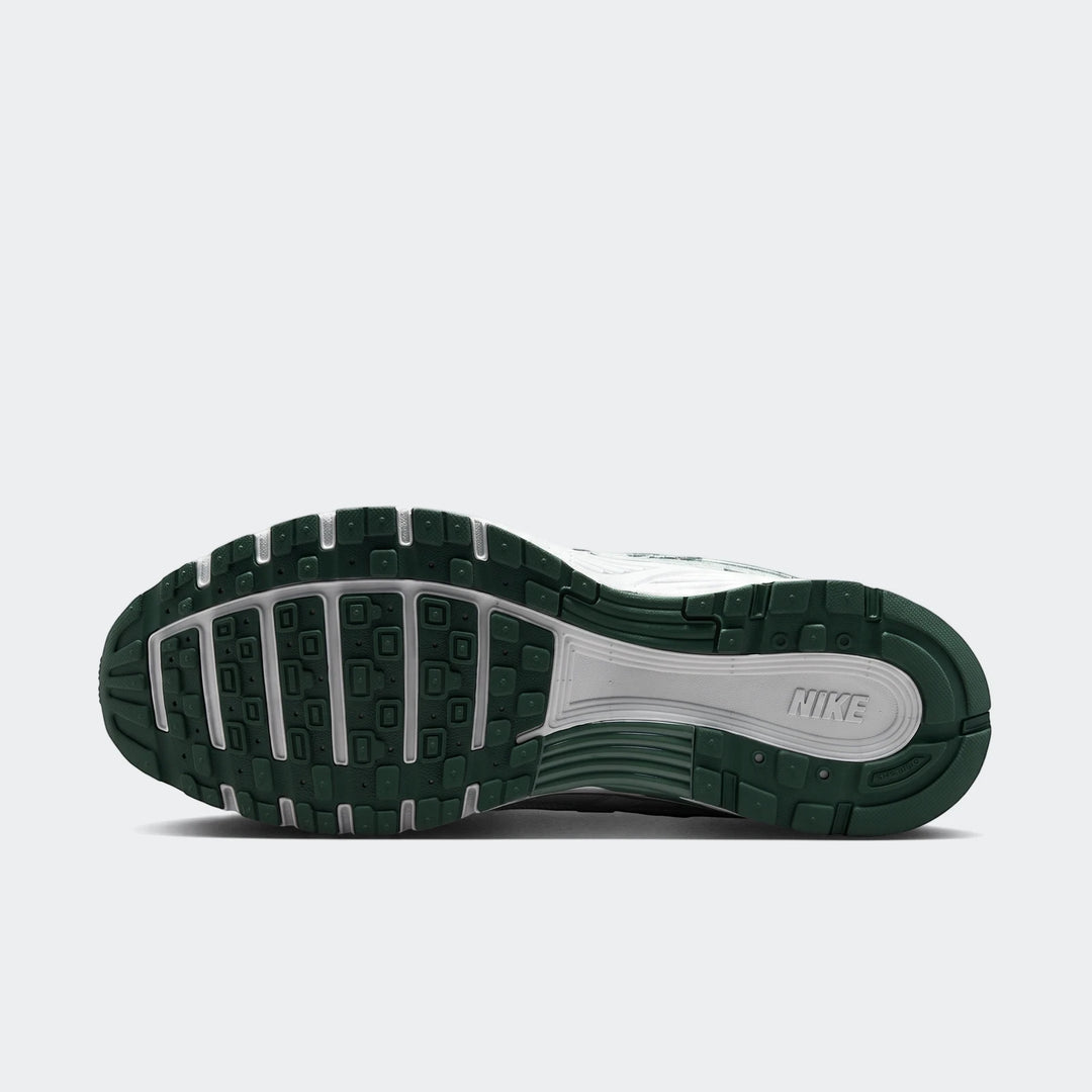Nike P-6000 men's shoes in dark green with a white midsole, rugged tread outsole designed for running and training.