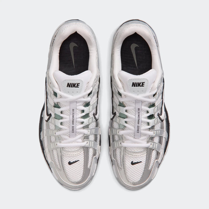 Top-down view of Nike P-6000 Women's Shoes in white and metallic silver, showcasing mesh and overlay details.