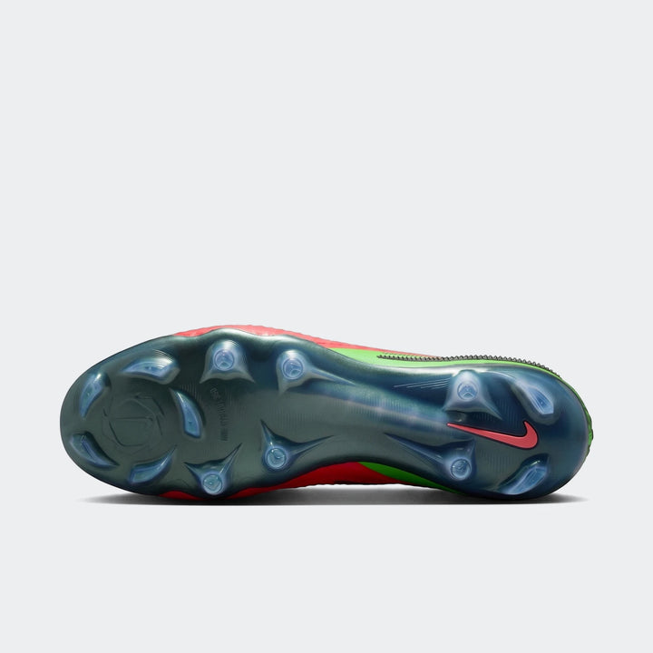 Nike Phantom 6 Low Elite 'Erling Haaland' red firm-ground soccer cleat, showing the translucent blue sole with studs from