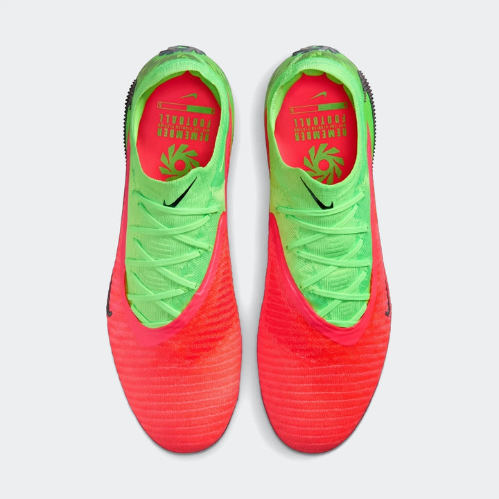 Top-down view of Nike Phantom 6 Low Elite "Erling Haaland" Red Firm-Ground Soccer Cleats, featuring vibrant red and lime