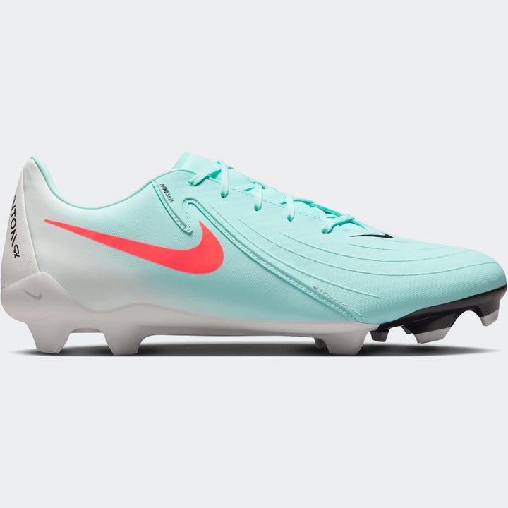 Side view of a Nike Phantom Gx 11 Academy Fg/Mg football boot in light turquoise with a coral swoosh.