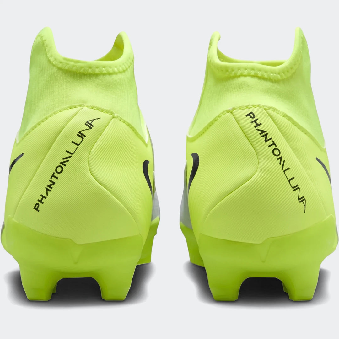 Rear view of two neon green Nike Phantom Luna 11 Academy FG/MG soccer boots with black branding on a white background.