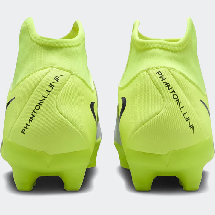 Rear view of two neon green Nike Phantom Luna 11 Academy FG/MG soccer boots with black branding on a white background.