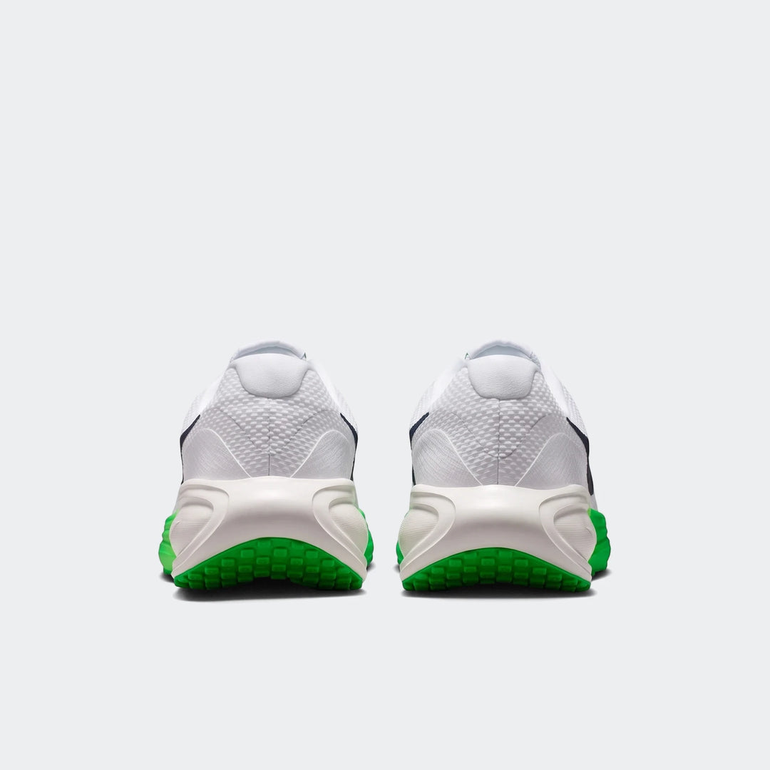 Rear view of Nike Revolution 8 Men's Road Running Shoes, featuring a white upper, dark accents, and vibrant green outsoles.