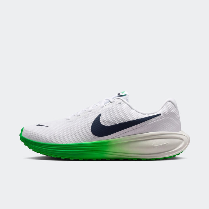 Nike Revolution 8 men's road running shoes in white with a dark blue swoosh and a vibrant green gradient sole, side view.