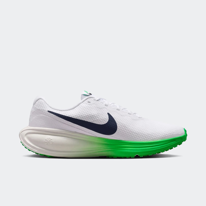 Nike Revolution 8 men's road running shoes in white with a navy blue swoosh and vibrant green sole, viewed from the side.
