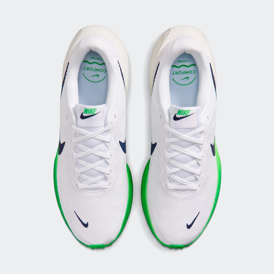 Pair of Nike Revolution 8 Men's Road Running Shoes in white with green soles, presented from a top-down view.