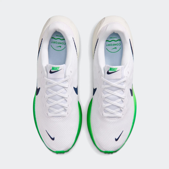 Pair of Nike Revolution 8 Men's Road Running Shoes in white with green soles, presented from a top-down view.
