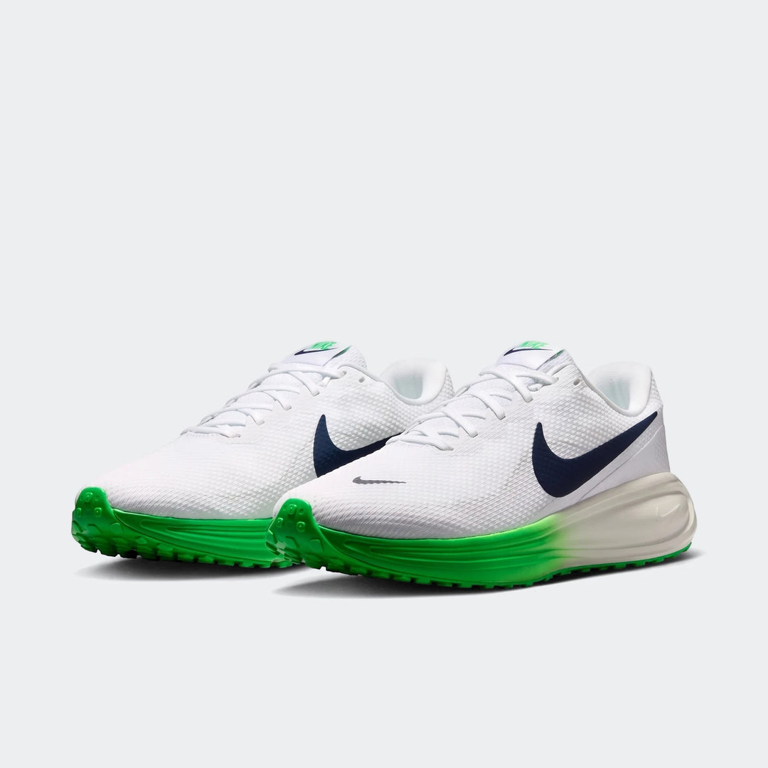 Nike Revolution 8 men's road running shoes in white with navy blue swoosh and vibrant green outsole, shown from a side