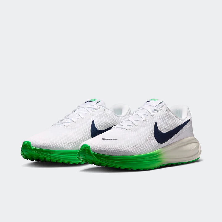 Nike Revolution 8 men's road running shoes in white with navy blue swoosh and vibrant green outsole, shown from a side