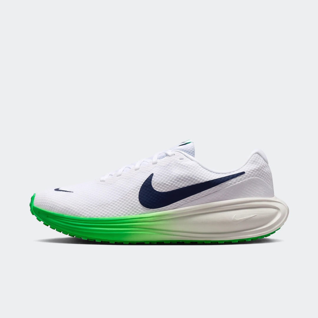 Nike Revolution 8 men's road running shoes in white, navy, and green, shown in a clean side profile.