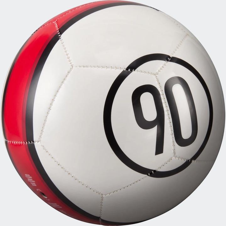 Nike Skills T90 Fa25 soccer ball in white with red accents and a black number 90 graphic, angled view.