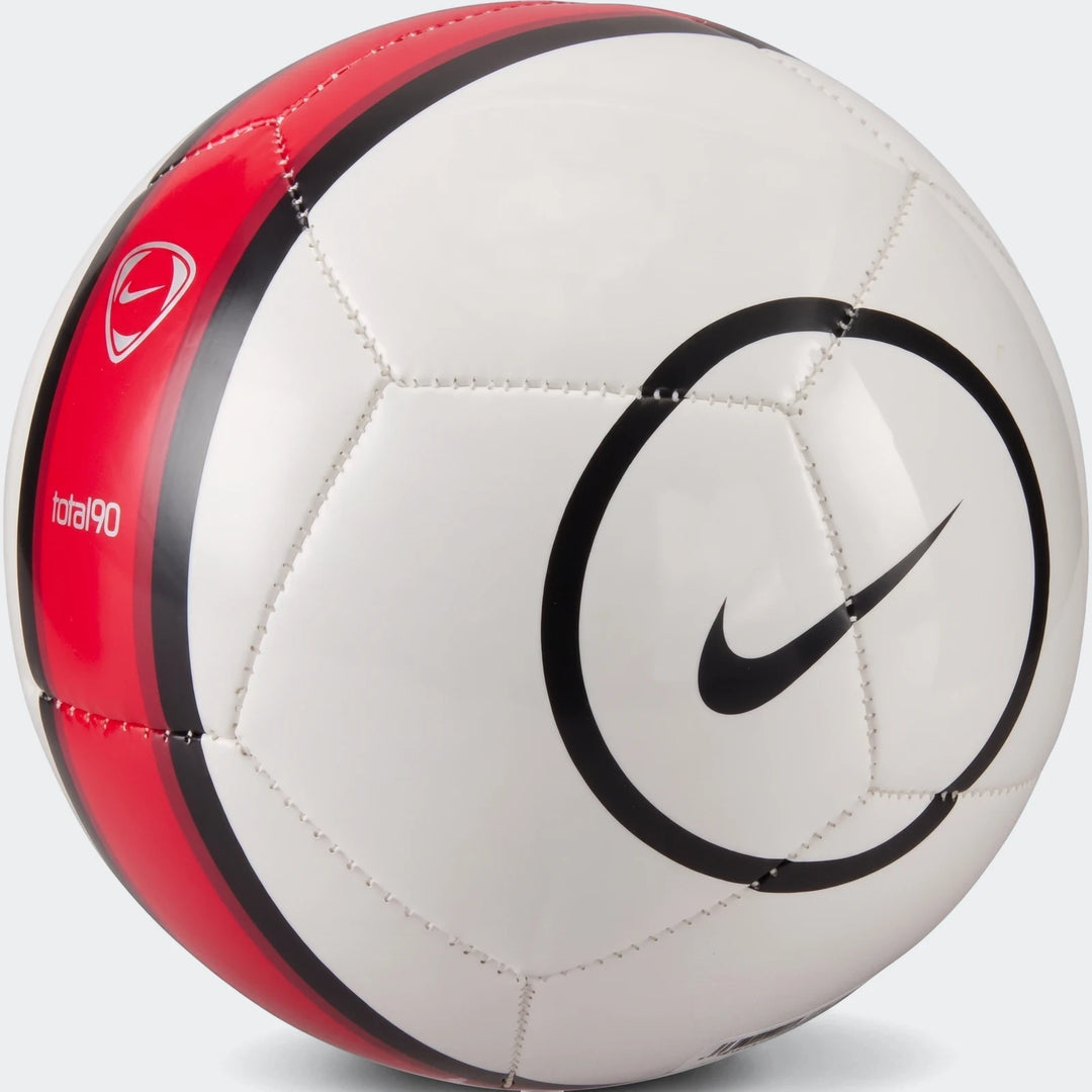 White, red, and black Nike Skills T90 Fa25 soccer ball, featuring Nike swoosh and Total90 branding, viewed from a slight