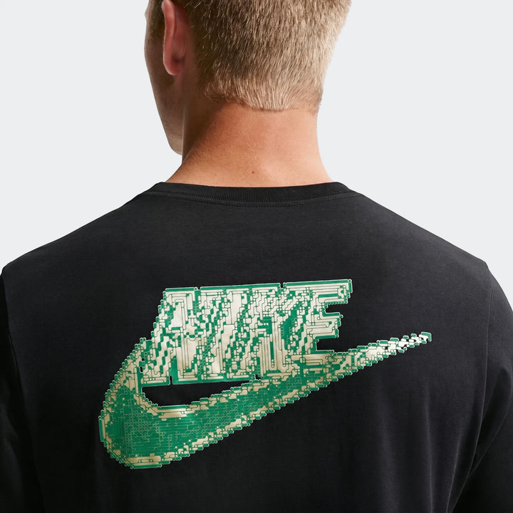 Nike Sportswear black t-shirt with a unique green and beige circuit board-style Nike swoosh graphic on the back.