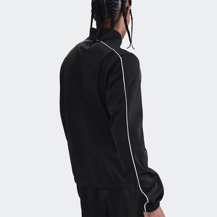 Black Nike Sportswear Club men's poly-knit tracksuit, shown from the back, featuring white piping details along the sleeves.
