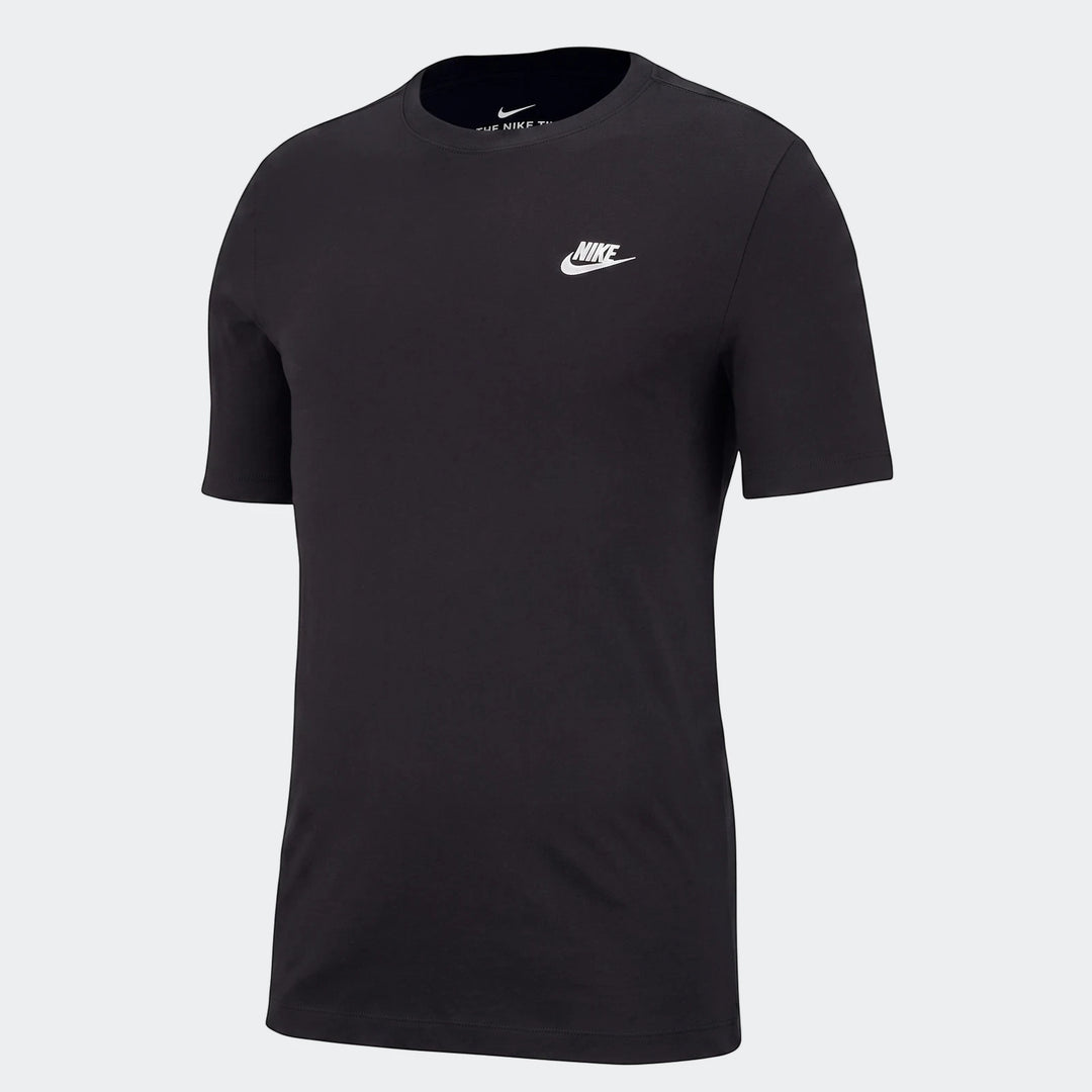 Black Nike Sportswear Essential men's t-shirt with a white swoosh logo on the chest, displayed front view on a mannequin.