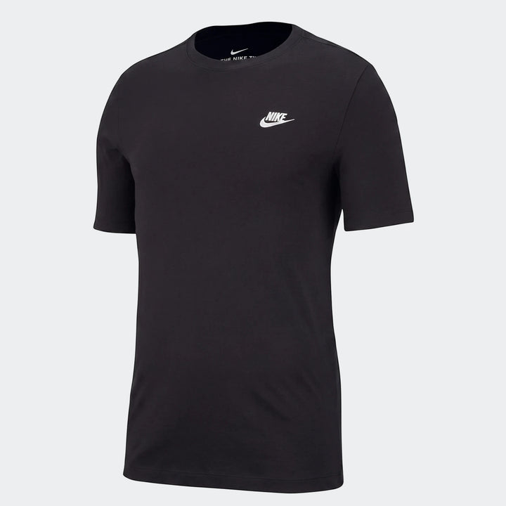 Black Nike Sportswear Essential men's t-shirt with a white swoosh logo on the chest, displayed front view on a mannequin.