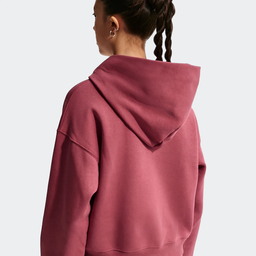 Nike Sportswear Studio Fleece oversized full-zip hoodie in maroon, seen from the back on a young girl with braided hair and