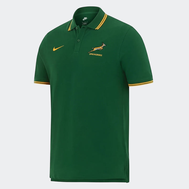 Green Nike Spr Mnk Pique Polo Shirt with Springboks logo, short sleeves, and ribbed collar and cuffs with yellow stripes.