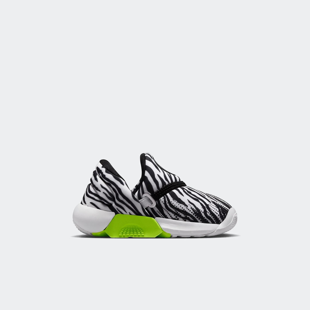 Nike Swoosh Go Baby/Toddler Shoes with black and white zebra print upper, white sole, and bright lime green accent, side