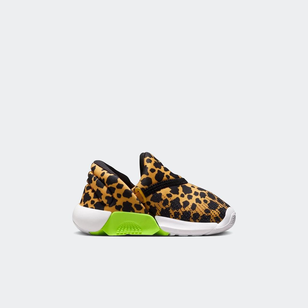 Nike Swoosh Go Baby/Toddler Shoes in a vibrant leopard print with lime green and white accents, side view.