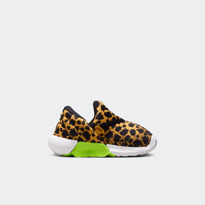 Nike Swoosh Go Baby/Toddler Shoes in a dynamic leopard print with a striking neon green sole, viewed from the side.