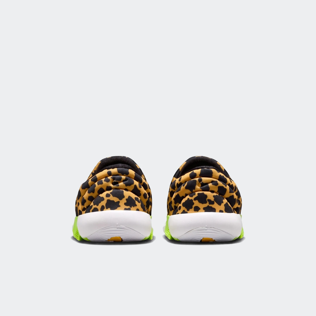 Back view of Nike Swoosh Go Baby/Toddler Shoes featuring a vibrant leopard print upper and a striking neon green sole.