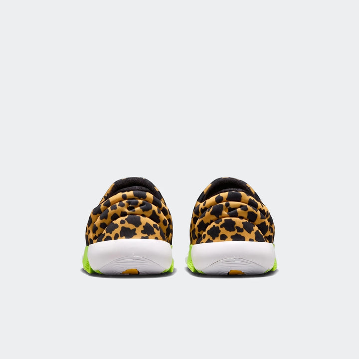 Back view of Nike Swoosh Go Baby/Toddler Shoes featuring a vibrant leopard print upper and a striking neon green sole.