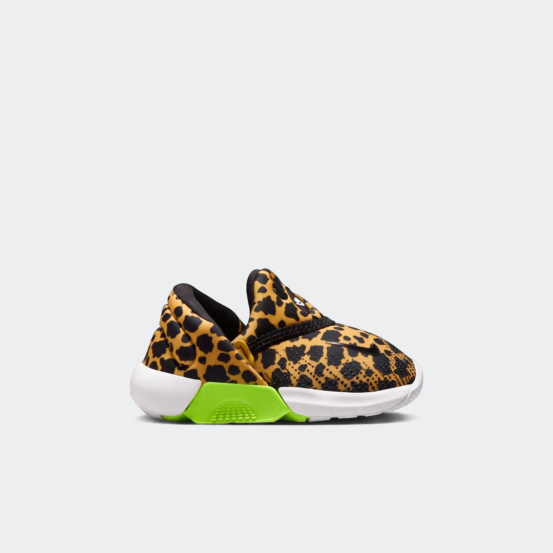Nike Swoosh Go Baby/Toddler Shoes featuring a vibrant leopard print upper and a striking neon green sole accent, shown in a