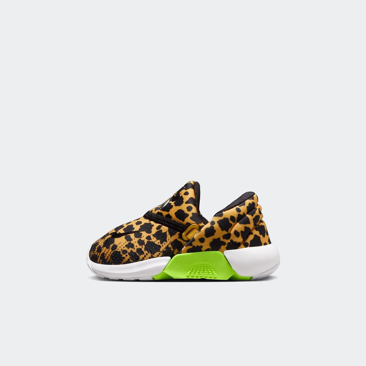 Nike Swoosh Go Baby/Toddler Shoes in a vibrant leopard print with lime green and white sole, side view.