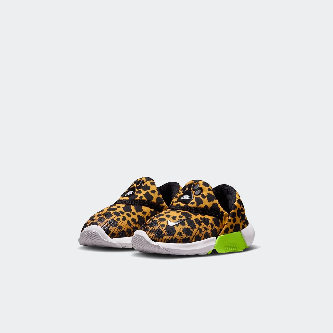Leopard print Nike Swoosh Go baby/toddler shoes with lime green details and white soles, seen from a slightly angled front