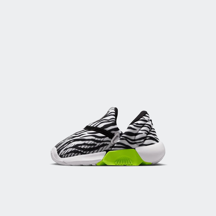 Nike Swoosh Go Baby/Toddler Shoes in black and white zebra print with a neon green sole, shown from a side view.