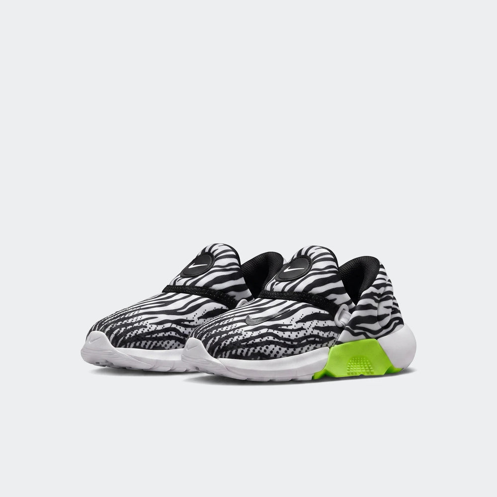 Nike Swoosh Go Baby/Toddler Shoes in black and white zebra print with a vibrant neon green accent.