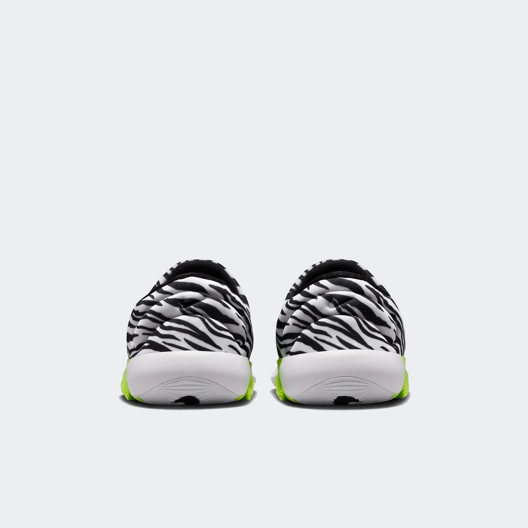 Rear view of Nike Swoosh Go Baby/Toddler Shoes featuring a black and white zebra print upper and neon green sole accents.
