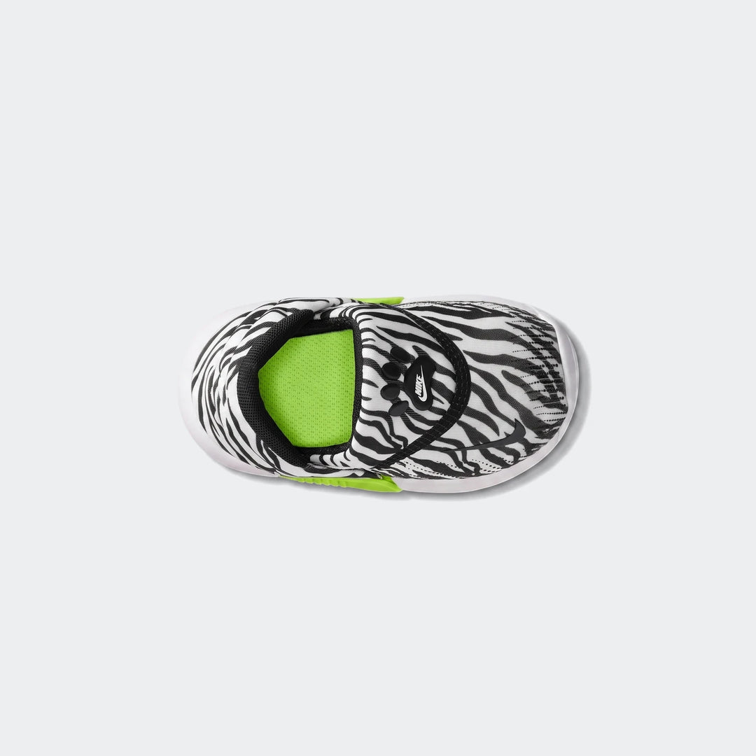 Nike Swoosh Go Baby/Toddler Shoes in black and white zebra print with bright green accents, shown from a top-down view.